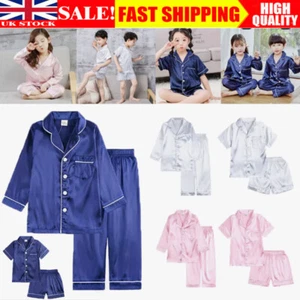 Boy Girls Kids Pyjamas Set Nightwear Pjs Satin Silk Sleepwear Top Pants Outfits - Picture 1 of 24