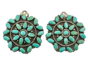 Vintage Navajo Extra Large Turquoise Cluster Clip On Earrings Sterling Silver - Picture 1 of 9
