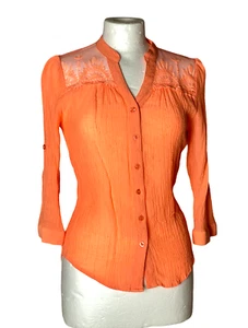 MINE Blouse Women Small Orange Ruched Lace Yoke Top Button-Tab Size S - Picture 1 of 14