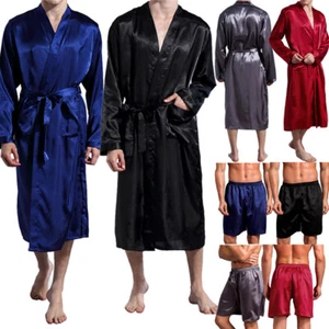 Mens Satin Silk Long Sleeve Bathrobes Lounge Sleepwear Home Robes Pajamas Shorts - Picture 1 of 42