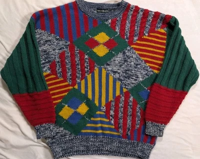 复古 Bachrach 毛衣男式 L 灰色几何羊毛混纺渔夫复古 90 年代 — 第 1/4 张图片