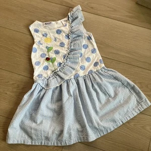 Vtg 4t Blueberi Boulevard Blue And White polka dot Seersucker Gingham Dress - Picture 1 of 8
