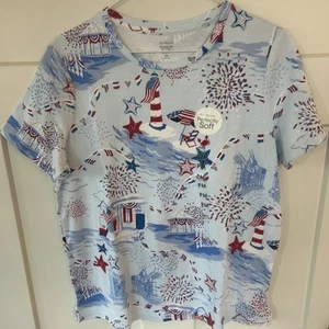 Kim Rogers Size PM Sky Blue S/S W/ July 4th Graphics Pullover Perfectly Soft - Picture 1 of 13