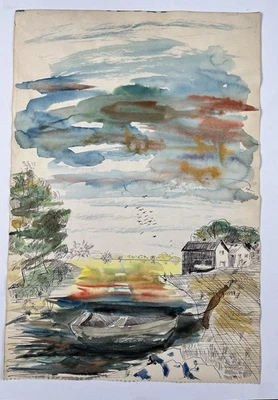 De colección Acuarela Arte Popular Pintura Barco Lago Puesta de Sol Escena 18x12” Pesca junto al lago Foto 1 de 4