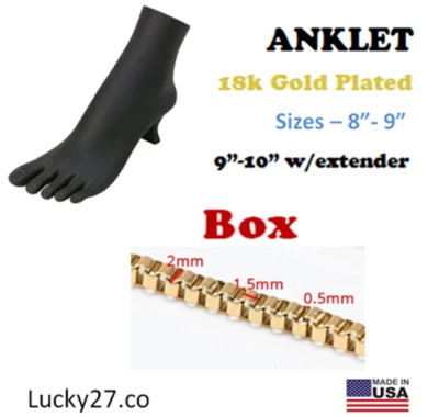 18k Gold Plated Stainless Steel Chain Anklet - BOX 8"-9" w/1" extender - Image 1 of 4