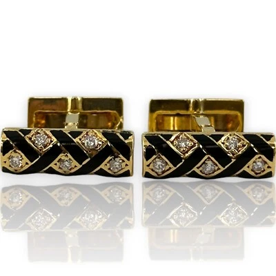 Vintage 1980s Tiffany & CO 18kt Yellow Gold Toggle-Back Cufflinks Diamonds - Image 1 of 4