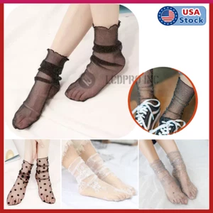 Women Mesh Fishnet Lace Ruffle Socks Sheer Silky Glitter Short Ankle Stockings - Picture 1 of 25
