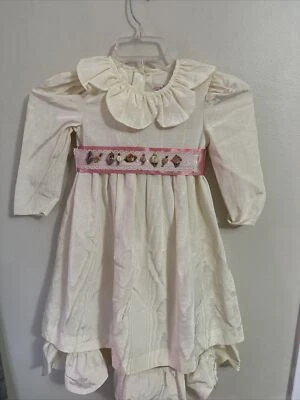 Sarah Kent Girls Vintage Ivory Apron Dress Size 6x USA Rosettes Pink Satin Belt - Image 1 of 4