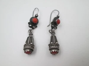 Vintage 1970 Sterling Silver Coral Long Earrings Women 5cm Hook Boho Chic - Picture 1 of 7
