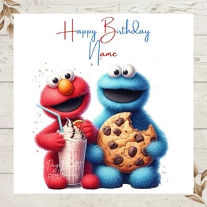 Personalised ELMO & COOKIE MONSTER Cookies & Milkshake Birthday Greetings Card - Picture 1 of 1
