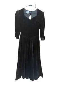 Vintage Laura Ashley Women's Size 8 Black Velvet Midi Dress Victorian Goth 80s - Picture 1 of 10