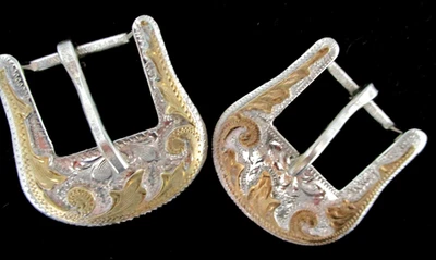 Vintage Circle Y Silver-n-gold engraved Fancy Border Show Bridle Buckles Set - Image 1 of 4
