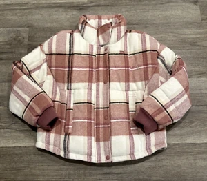 Levi's Wool Blend Puffer Jacket Womens M Pink Plaid Stand Collar Drawcord - Picture 1 of 7