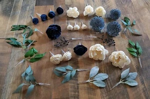 30PC Cake Flower Topper Navy Dusty Blue Reusable DIY Sola Wood Wedding Decor Set - Picture 1 of 2