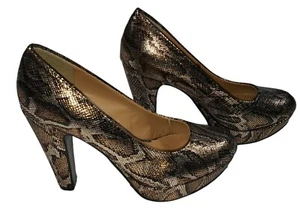 Brown Metallic Snake Print Platform Block Heels Women Sz 7 Career Workwear Pumps - Picture 1 of 12