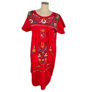 Vintage Oaxaca Dress Womens XL Red Floral Embroidered Mexican Caftan Muumuu - Picture 1 of 9