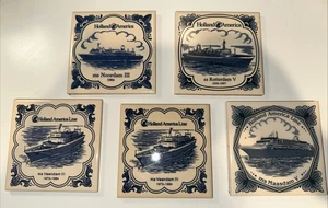 Vintage Holland America Line Ship Blue White Tile Coasters Collection Lot of 5 - Picture 1 of 6