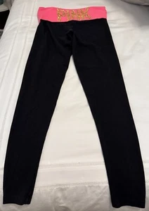 Y2K Victoria’s Secret Pink Black Bling Gold Jeweled Fold Over Yoga Pants SZ S - Picture 1 of 11