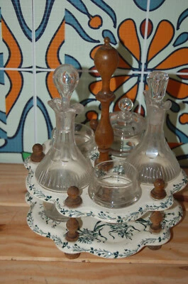Ancien serviteur huile vinaigre en faience et bois - Photo 1/3