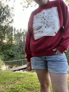Embroidered Vintage Crew Neck Red, Black Flowers Handmade Rose Valley Craft XL - Picture 1 of 9