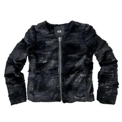 Chaqueta David Bitton Mujer Imitación Piel Lentejuelas Talla M Negra Sin Cuello Noche Brillante Foto 1 de 4