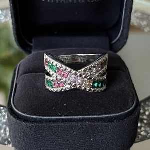 GORGEOUS SPARKLY SIZE S MULTICOLOURED RHINESTONE CHUNKY BOHO RING SILVER TONE - Picture 1 of 7