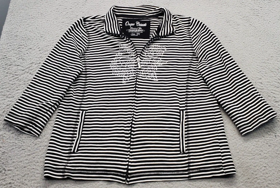Onque Casual Jacket Women M Multi Striped Beaded 3/4 Sleeve Collared Full Zipper - Image 1 of 4