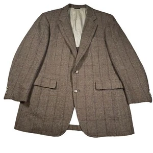 Vintage Mens Sports Coat Wool Tweed Windowpane 44R Brown USA Union Made - Picture 1 of 14