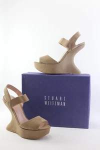 STUART WEITZMAN Women's Wedge Sandals Platform Size 9.5 Beige Nubuck NEW -VIDEO- - Picture 1 of 13