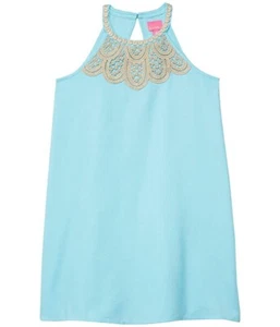 Lilly Pulitzer Girl 14 Solid BALI BLUE MINI PEARL SHIFT DRESS Gold Lace NWT - Picture 1 of 8