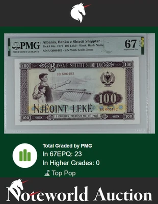 Albania Banka e Shtetit Shqiptar 100 Leke 1976 P 46a UNC PMG 67 EPQ TOP POP - Image 1 of 4