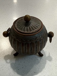 Antique Vintage Chinese Ring-Handled Copper Pumpkin Pot with Lid & Brass Feet - Picture 1 of 12