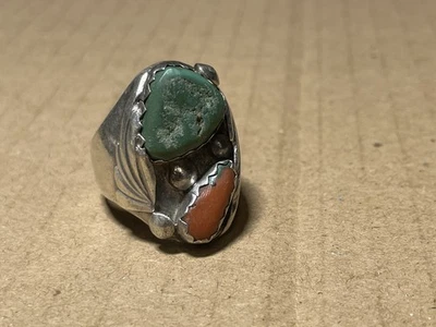Vintage Nieto Men's Turquoise Red Coral and Sterling Ring size 13 - Image 1 of 4