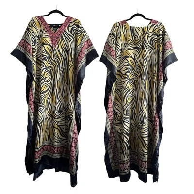 Maxi Vestido Caftán Satinado Sedoso Rojo Terciopelo Medianoche Negro Dorado para Mujer Talla Única Foto 1 de 4