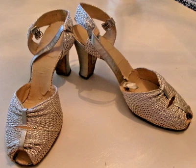 PAIR VINTAGE 1940s 50s SILVER MESH HIGH HEEL SHOES LEATHER SOLES 10”,  sz 7.5 - Image 1 of 4