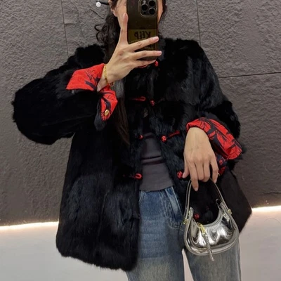 Abrigo de piel de conejo real reversible de doble cara estilo chino para mujer Foto 1 de 4