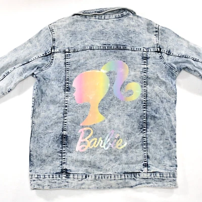 Mattel BARBIE Adult Youth XL (14-16) Denim Jean Jacket Blue Logo Distressed - Image 1 of 4