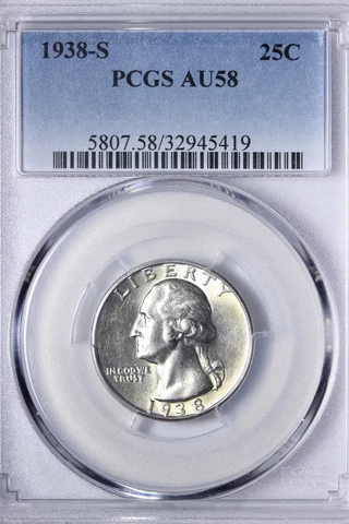 1938-S Washington Quarter PCGS AU58 Beautiful Coin, Much Better Date ZPF Cover