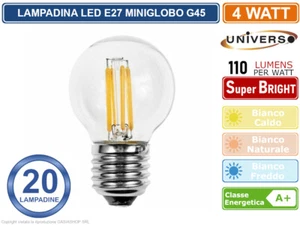 20 PEZZI LAMPADINA LED UNIVERSO E27 4W MINIGLOBO G45 A FILAMENTO 440 LUMEN - Foto 1 di 3