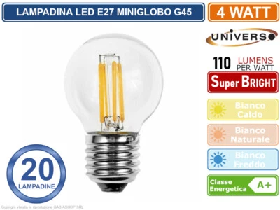 20 PEZZI LAMPADINA LED UNIVERSO E27 4W MINIGLOBO G45 A FILAMENTO 440 LUMEN - Immagine 1 di 3