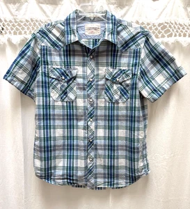 American Eagle Shirt Mens Blue Green Plaid Pearl Snap Short Sleeve Western Sz Lg - Picture 1 of 8
