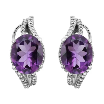Oval Cut Amethyst and Diamond Huggie Earrings 14K White Gold - Image 1 of 4