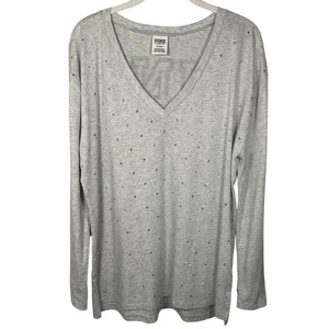Victoria's Secret Pink Gray Embellished Long Sleeve Graphic Tee Shirt Women's M - Picture 1 of 9