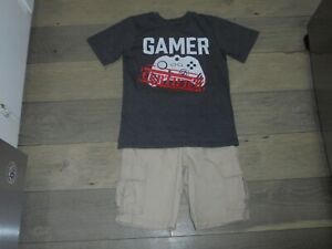 TCP The Children's Place beige cargo shorts with gray GAMER t-shirt set boys 8