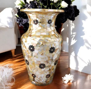 14" Exquisite Mother of Pearl Inlay Vase Unique Handmade Floral Design for Gift - Picture 1 of 6
