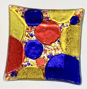 VTG Confetti and Circles Fused Dish Art Glass Square Trinket Dish Bright Colors - Picture 1 of 6