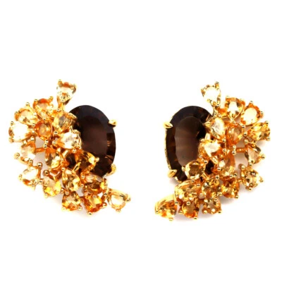 Piedras preciosas 10 x 14 mm. Pendientes de cuarzo ahumado y citrino amarillo plata de ley 925 Foto 1 de 4