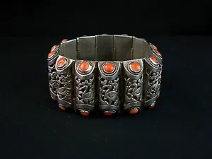 Excellent Antique Chinese Coral & Silver Bracelet Made in China Export - Picture 1 of 8
