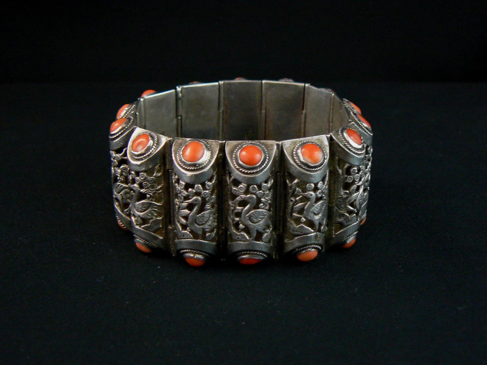 Excelente Pulsera Antigua China de Coral y Plata Hecha en China Exportación Foto 1 de 4