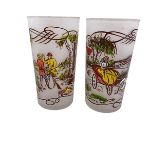 Currier & Ives Frosted Drinking Glasses Tumblers Lot of 2 MCM Barware CH Vintage - Picture 1 of 8